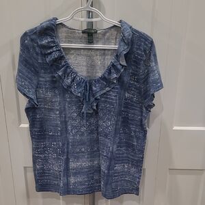 Lauren Ralph Lauren Blue Ruffle-Neck Short Sleeve Top